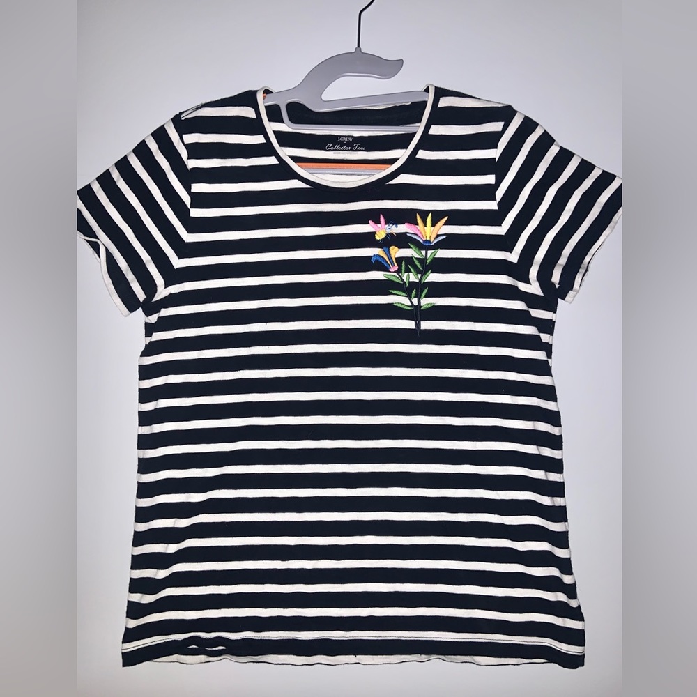 Striped Black and White T-Shirt with Floral Embroidery
